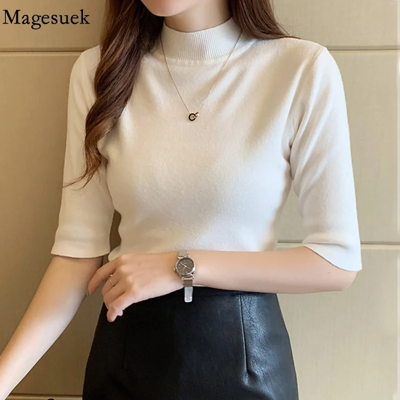 

Женский Повседневный пуловер, вязаная блузка на весну, свитер с коротким рукавом и высоким воротником, вязаные топы, летние футболки, простая облегающая футболка 18849