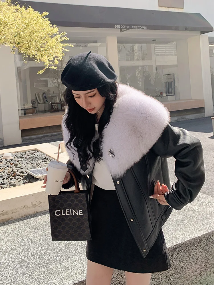 Enlarge Winter New Sheep Fur and Leather Overcoat Real Fox Fur Collar Fur Coat Female Motorcycle Clothing winter jacket women