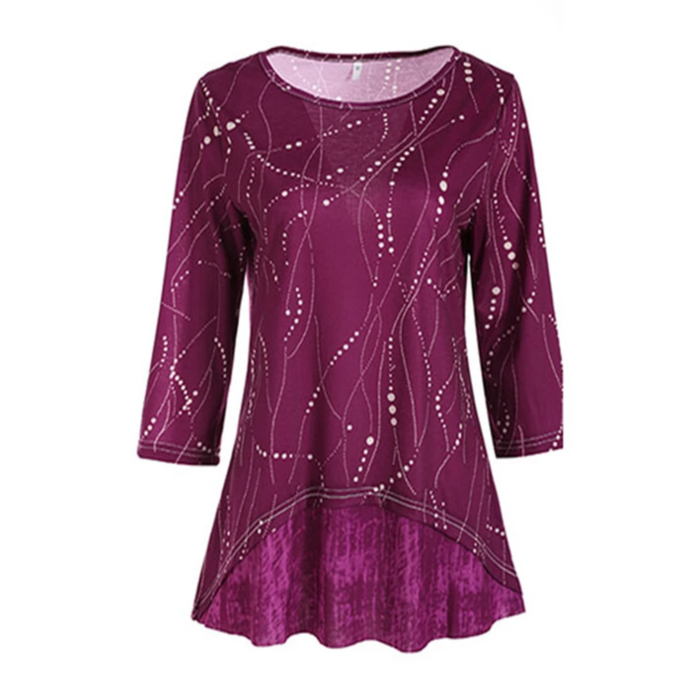 

Pullover Casual Round Neck Basic Women Tunic Tops Printed 3/4 Sleeve Irregular Blouse Daily Fashion Loose Autumn Winter Work