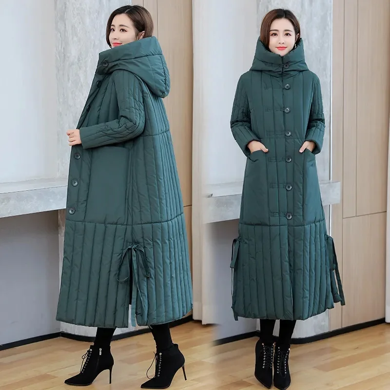 Winter Female Coat 2022 New Korean Version Literary Hooded Cotton Coat Single-Breasted Long Down Cotton Coat Women's Solid Color