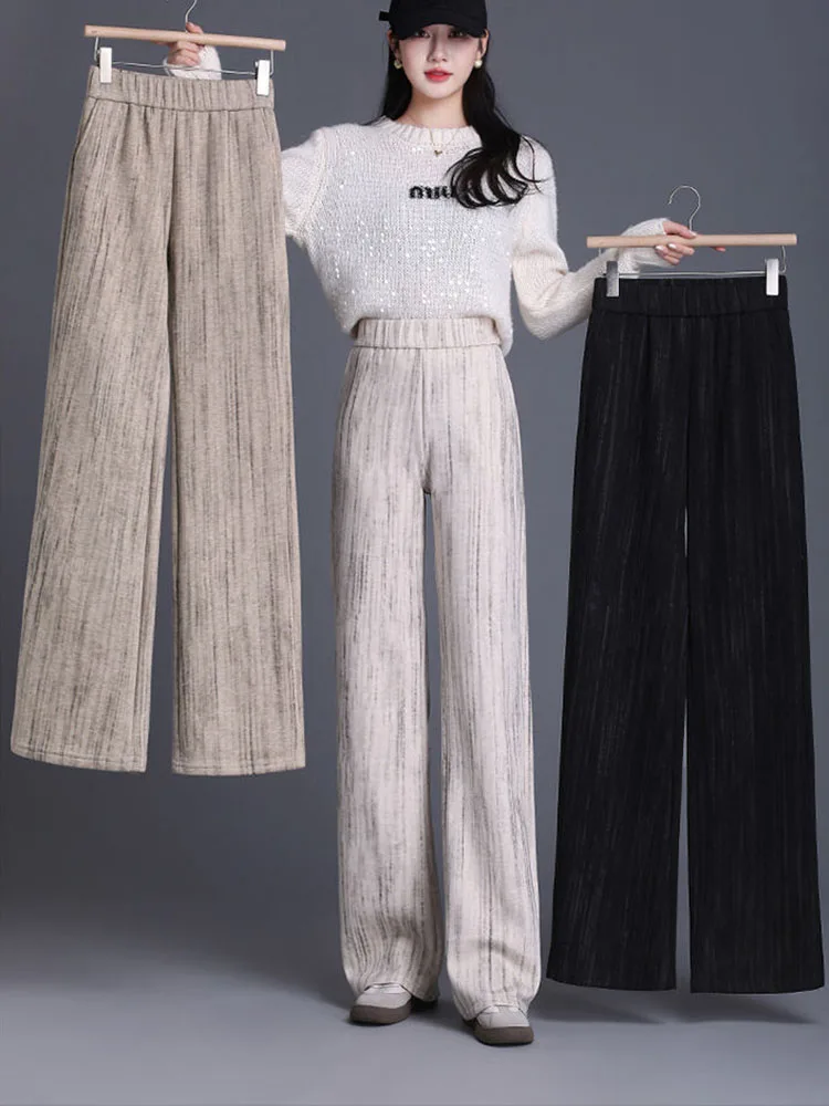 Зимние теплые свободные широкие брюки женские эластичные с высокой талией и