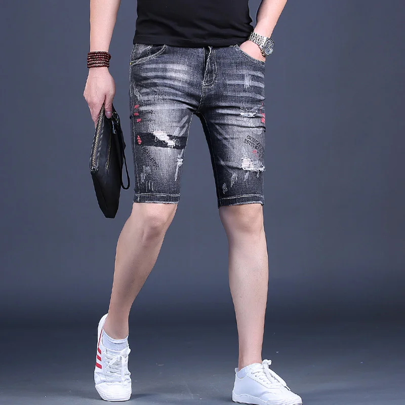 

Shorts Men's Denim Fashion Printed Ripped Knee Length Jean Summer Casual Black Gray Slim Fit Straight Short Jeans Male Clothing