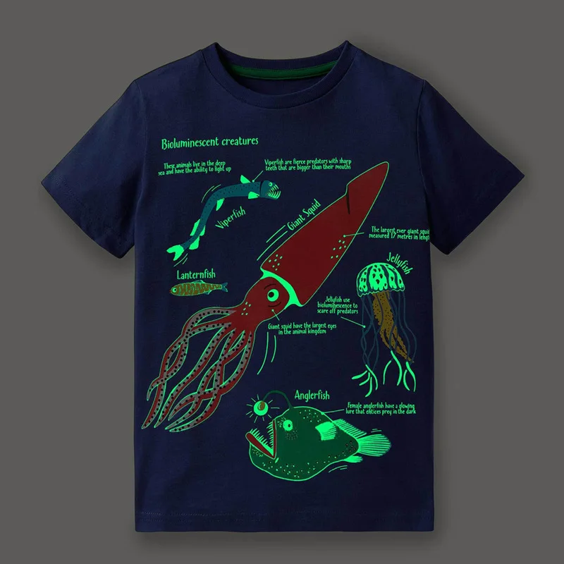 Glow in Darkness Cool T Shirt Ocean Luminous Pattern Boys' Shirt Pure Cotton Children TShirt Fluorescence Party Club Night Light