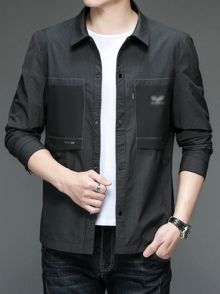 

Men Casual Jackets Grey Blue Black Vertical Striped Coat Male Single-Breasted Turn Down Collar Outerwear Spring Autumn Costumn