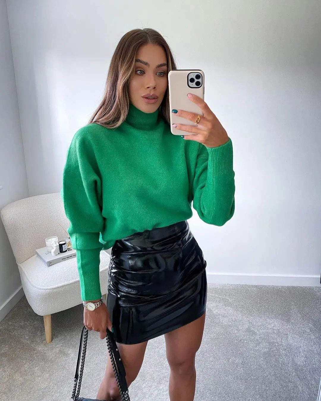 

Fall Winter Women Green Color Knit Sweater Turtleneck Long Sleeves Pullover Chic Tops Lady Casual Clothes