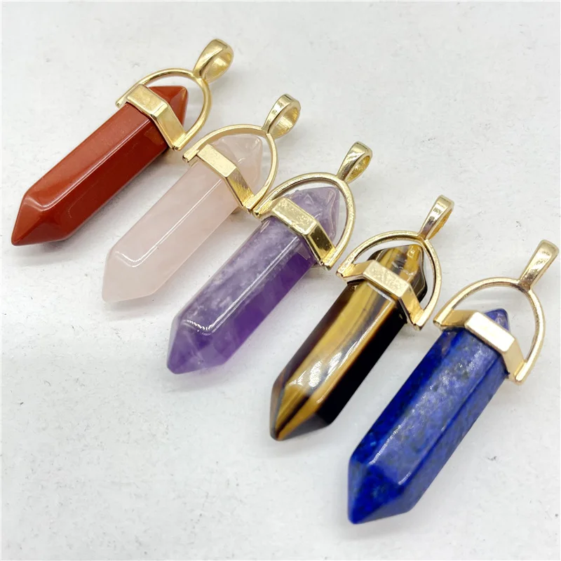 Fashion Natural Gem Stone Quartz Crystal Tiger Eye Hexagonal Pendulum Reiki Pendant Charms DIY Jewelry Making Necklaces 24Pcs - купить по