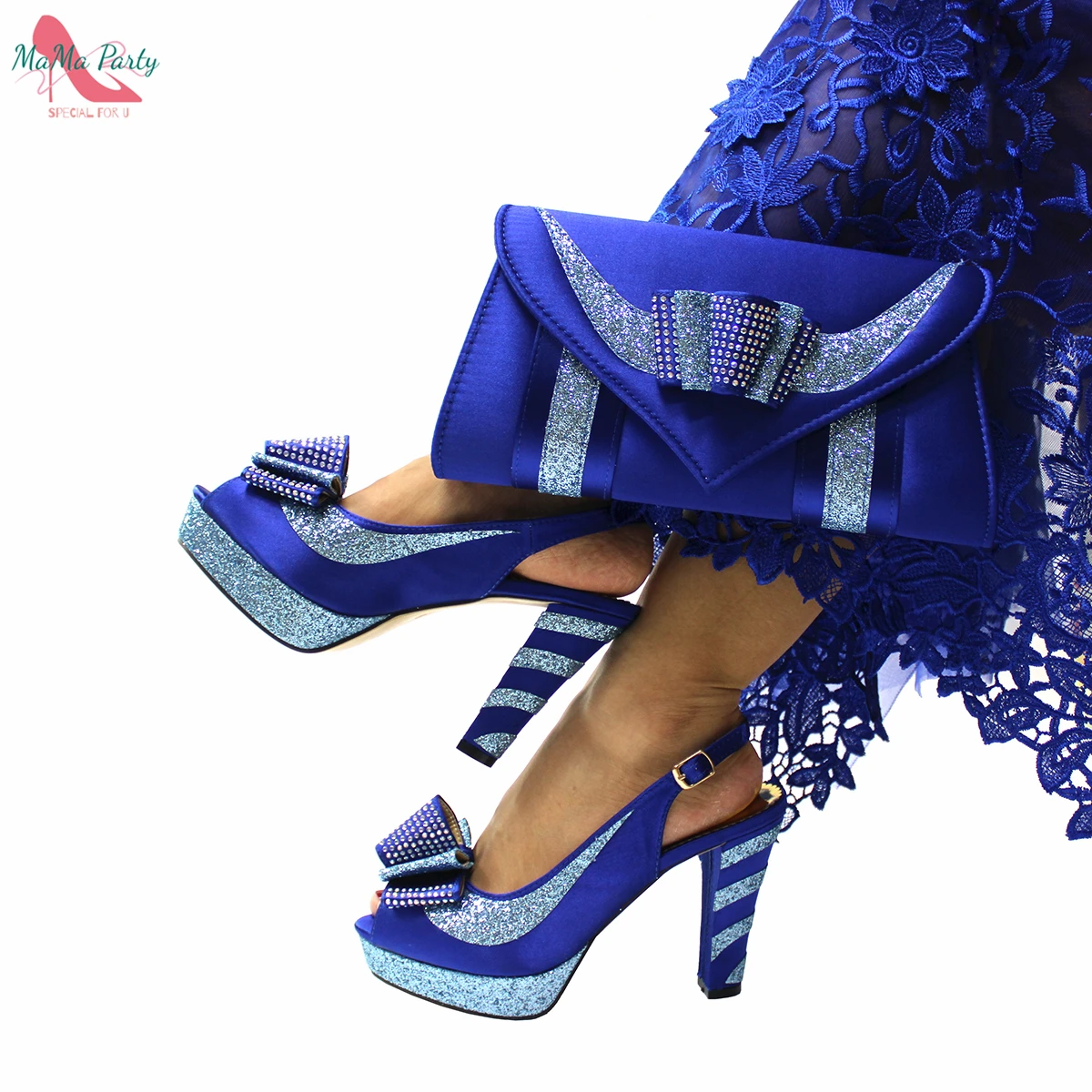 

2022 Spring New Arrivals Slingbacks Sandals with Platform in Royal Blue Color High Quality African Women Shoes and Bag Set