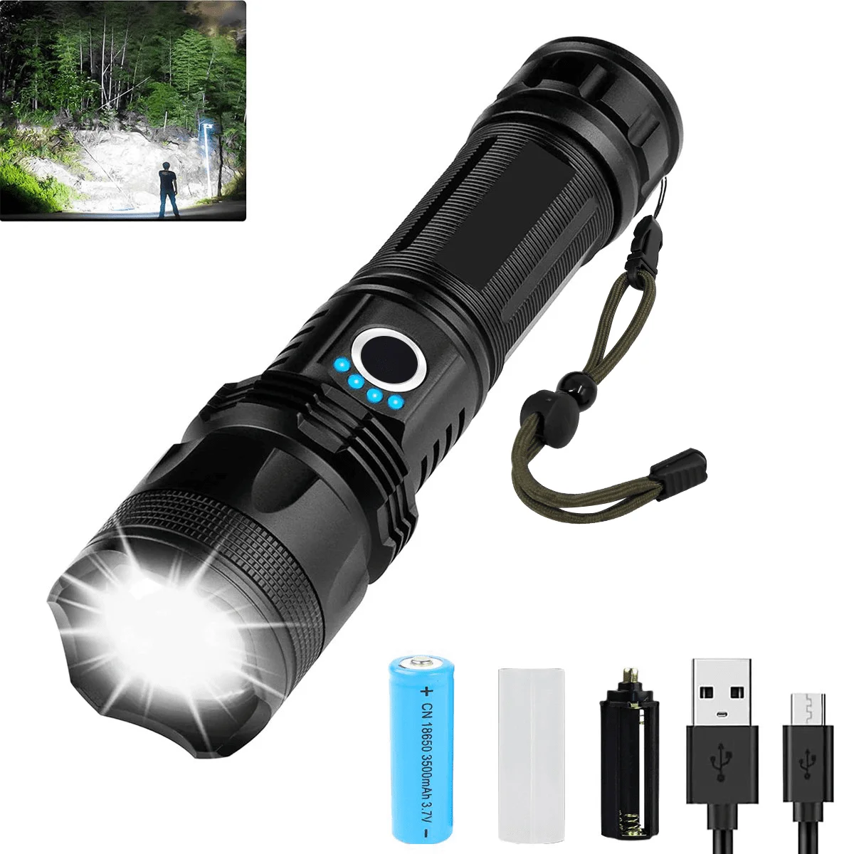 

Rechargeable LED Flashlights, 90000 Lumens Super Bright Flashlights with 5 Modes, XHP50 Tactical Flashlight with Zoomable for Em