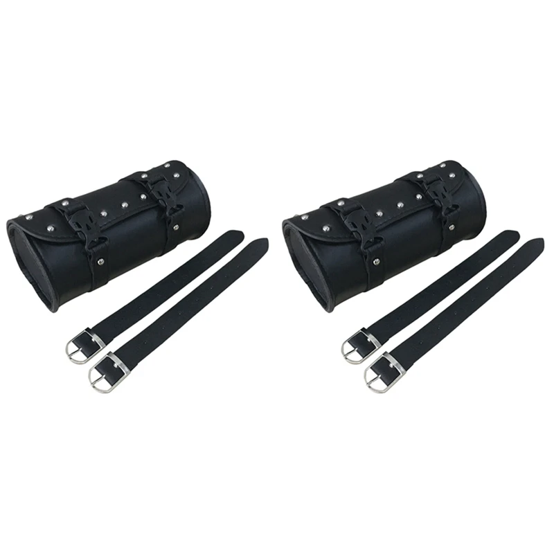 

2X Motorcycle Leather Universal Tool Round Roller Saddle Bag Fork For Travel Suitcase