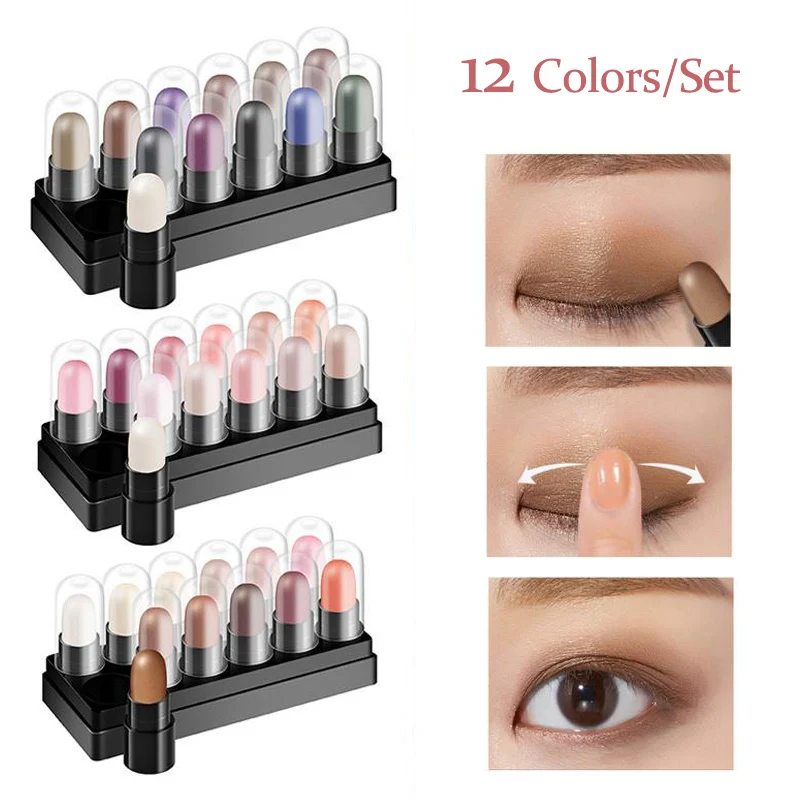 

12 Colors/Set Eyeshadow Pencil Set Waterproof Long Lasting Glitter Shimmer Eye Shadow Pen Highlighter Stick Eyes Makeup Tools