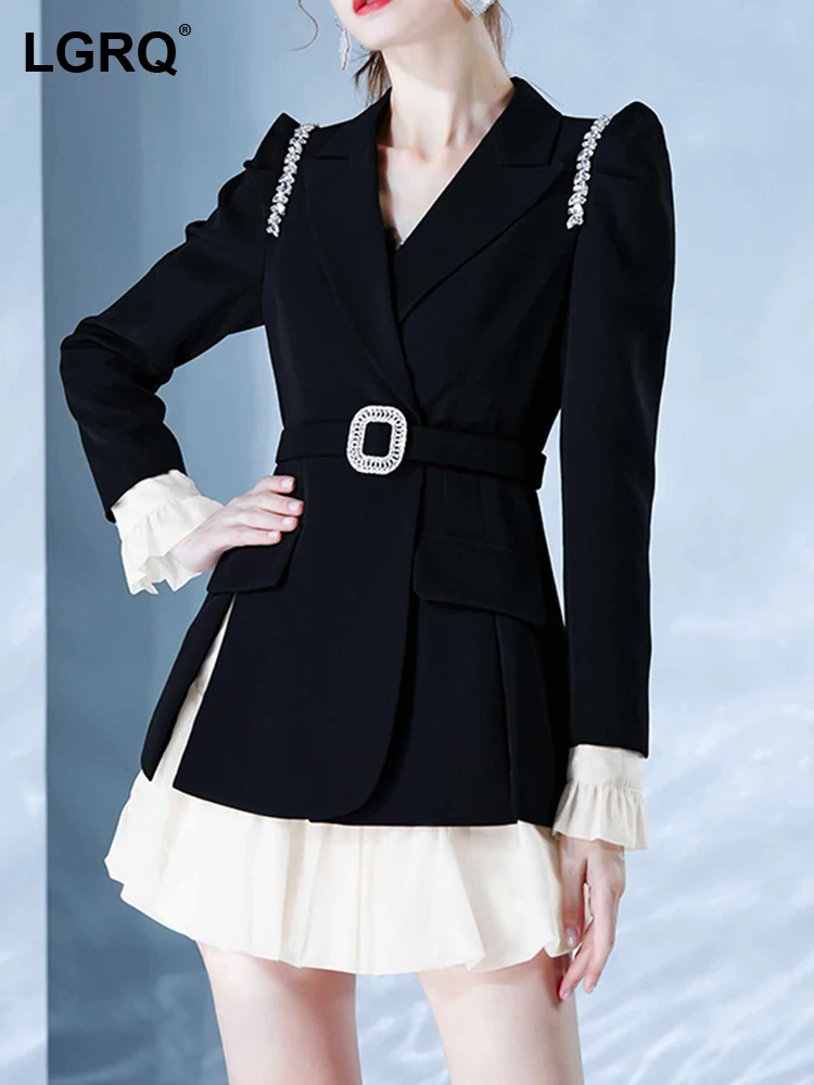 

LGRQ 2023 Autumn New Fashion Elegant Ruffled Patchwork Dresses Metal Buckle Decorate Design Women Fake Two Piece Luxury 19F1794