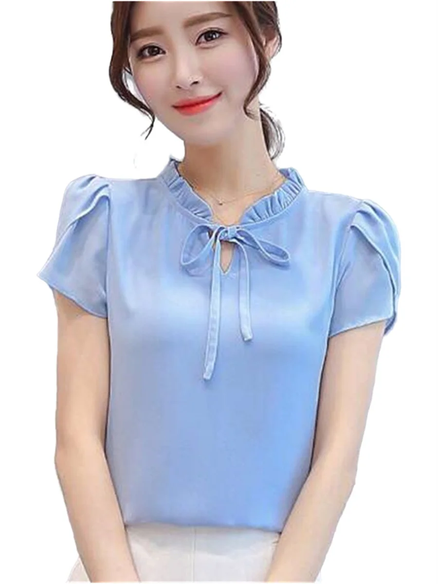

5XL Women Spring Summer Blouses Shirts Lady Fashion Casual Short Sleeve Bow Tie Collar Solid Color Blusas Tops TT2548