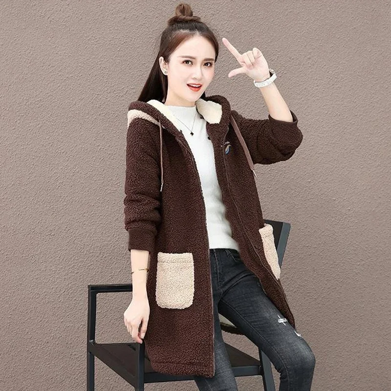 

New Plush Thick Lamb Velvet Jacket Autumn Winter Mid-Length Hooded Coats with Pocket Autumn Winter Warm Casual Coats Sweatshirts
