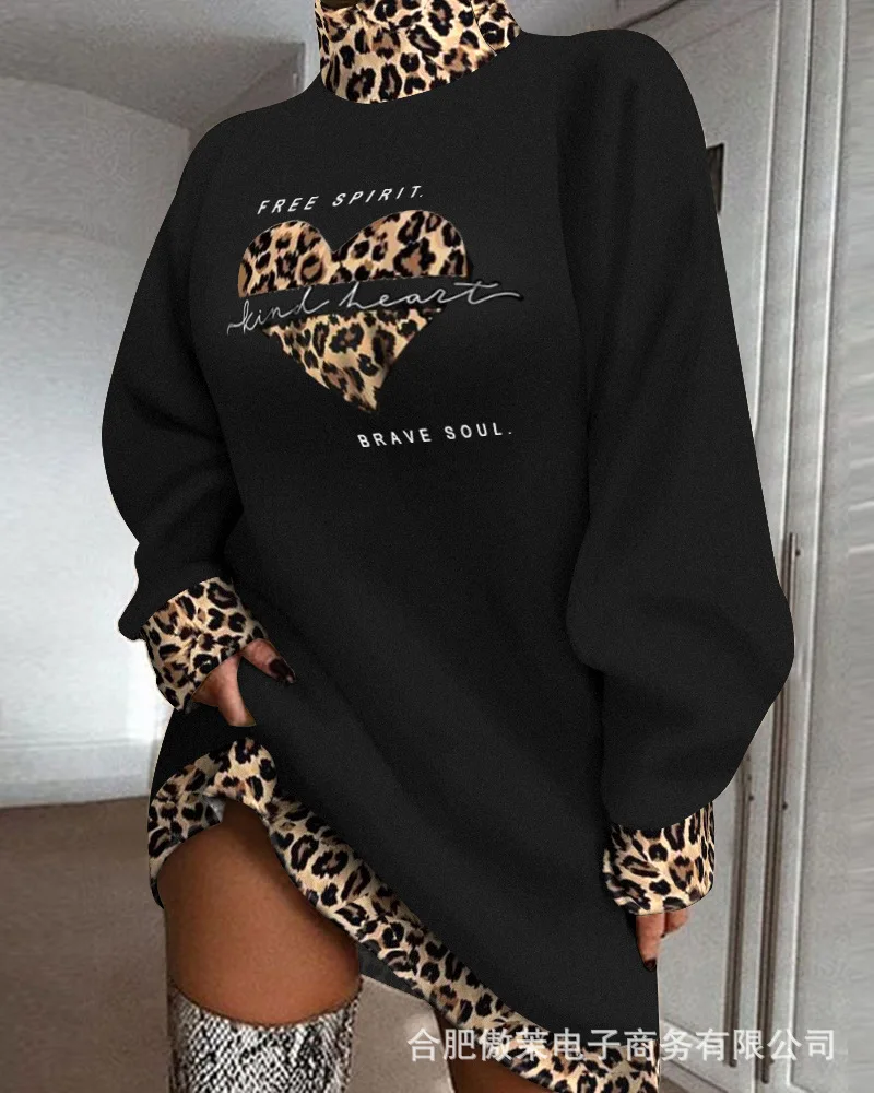 

Casual Dress Women's Pattern Printed Loose Mini Dresses High Neck 2021 Winter Female Long Sleeve Streetwear Dresses