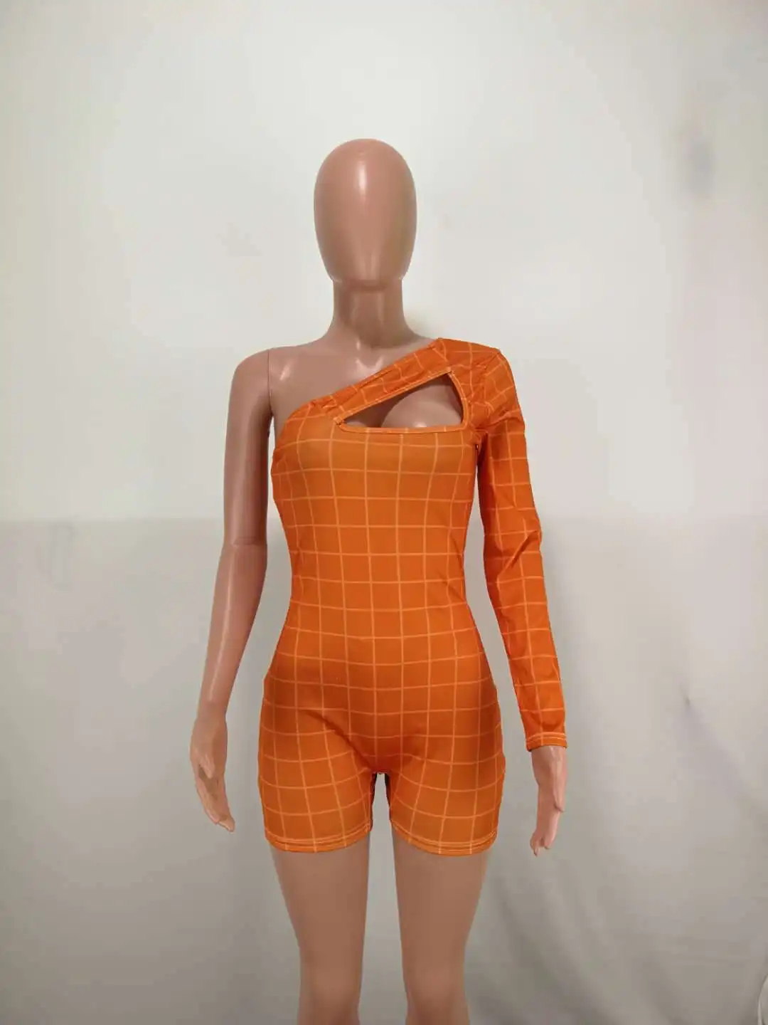 Ladies Sexy Jumpsuit Streetwear Summer Solid Color Off Shoulder Check Jumpsuit