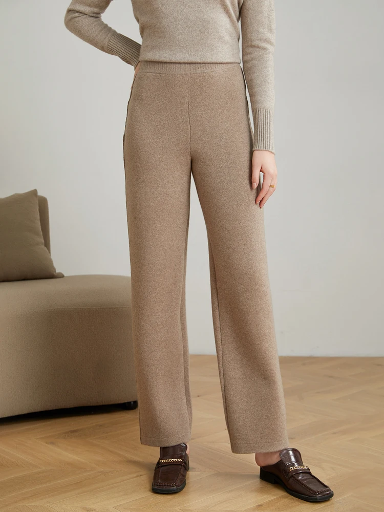 Autumn and winter thickened cashmere wide-leg pants women's solid color high-waisted trousers wool knitted straight-leg pants