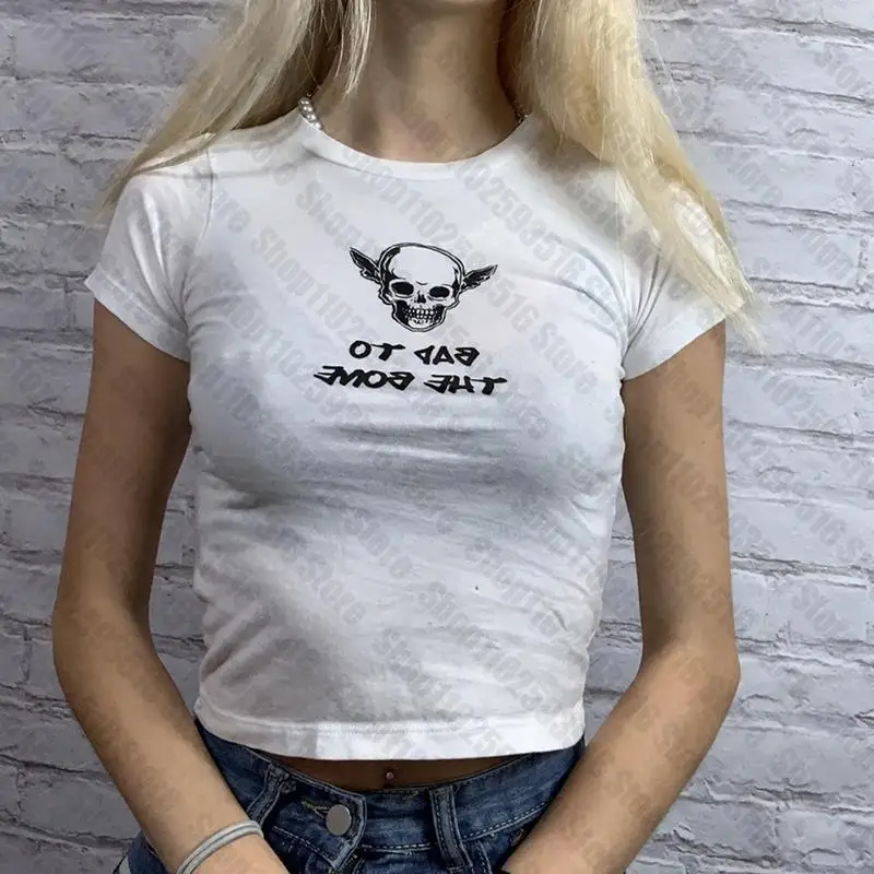 

Уличная одежда в стиле панк с изображением скелета, черепа, эмо-девушки Y2K, короткий топ, Винтажная футболка с коротким рукавом, верх с рисунком