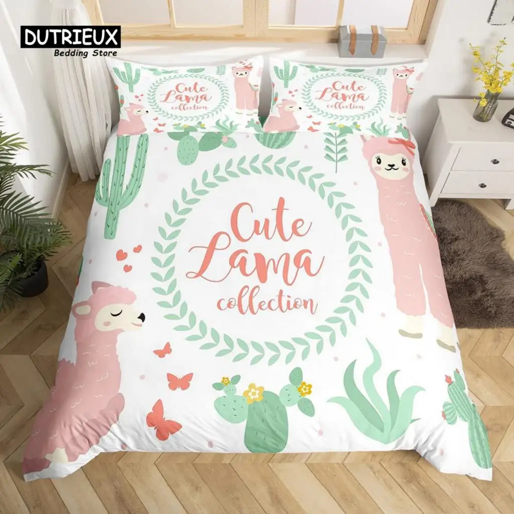 Cartoon Llama Alpaca Duvet Cover Cactus Bedding Set Cute Animal Comforter Microfiber Botanical Bedspread Twin Size