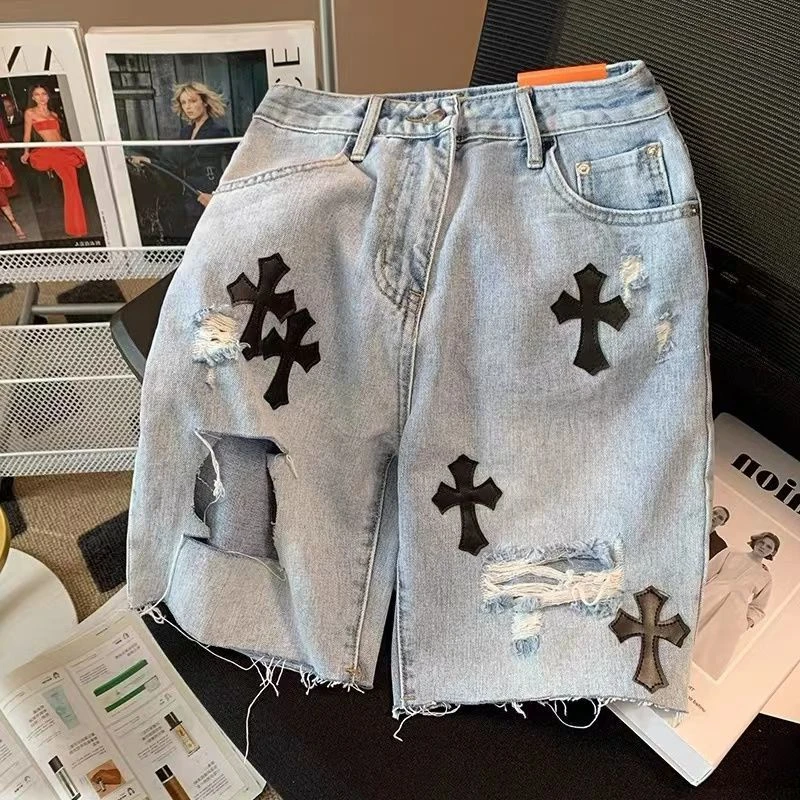 Y2K ripped denim shorts men's and women's summer high waist straight slim five-point pants high street cross jeans