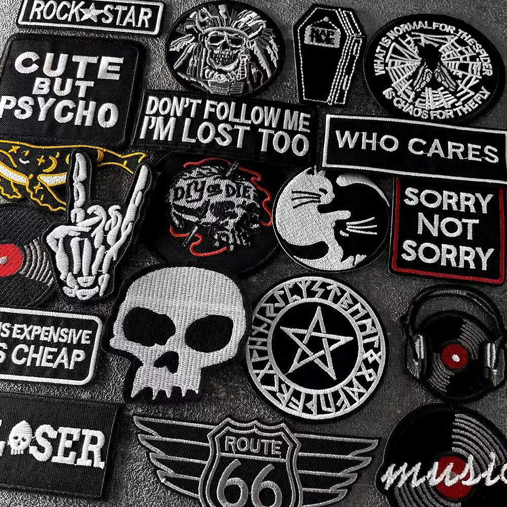 Фото ROCK STAR CAT MUSIC FLY, черно-белые нашивки, вышитые значки в стиле хиппи, детские нашивки для одежды, наклейки с нашивками №2