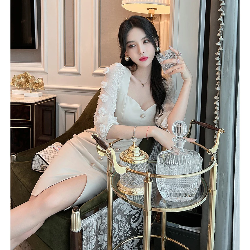 

Elegant Dress New Summer 2022 Bubble Sleeve Square Collar Party Dresses Fashion Clothes for Women robe femme été