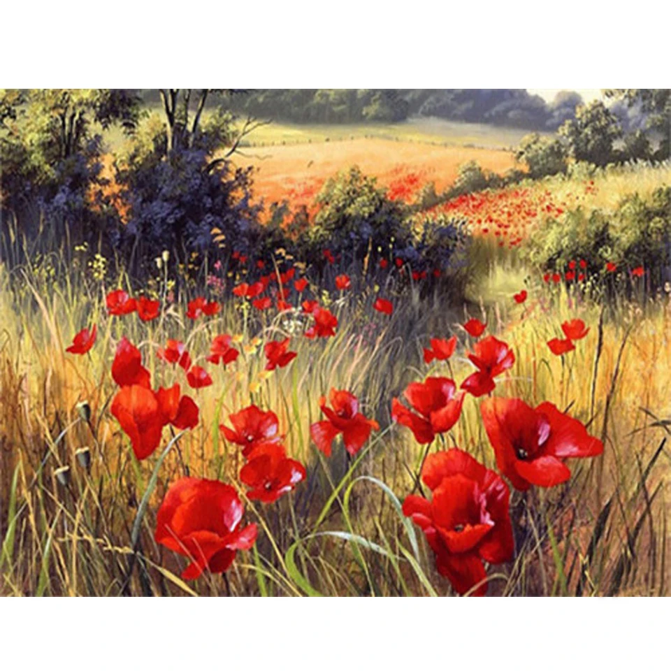 Алмазная 5D картина стразы с цветами маком травой полная выкладка из круглых