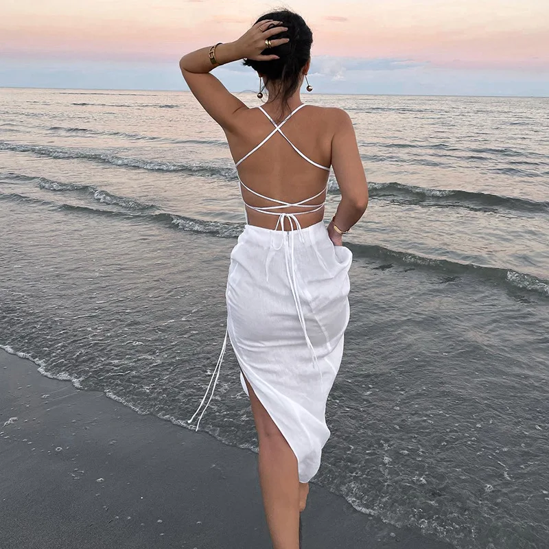 

White Elegant Midi Dress Casual Vacation Outfits Cut Out Sexy Summer Beach Dresses for Women 2022 Backless Off Shoulder Fashion