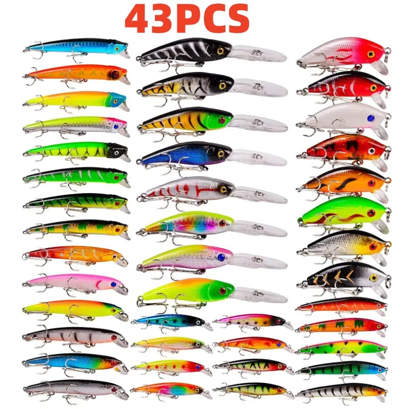 

43pcs Fishing Lures Kit Set for Bass Pike Fit Saltwater and Freshwater Topwater Hard Baits Minnow Crankbait Pencil VIB Swimbait