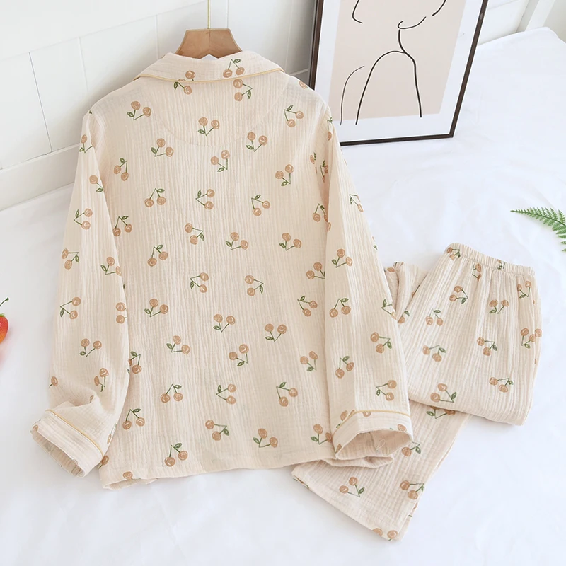 New Spring Summer Pure Cotton Gauze Pajamas Women Homewear Long Sleeve Trousers Japanese Cute Turn-down Collar Casual Nightwear