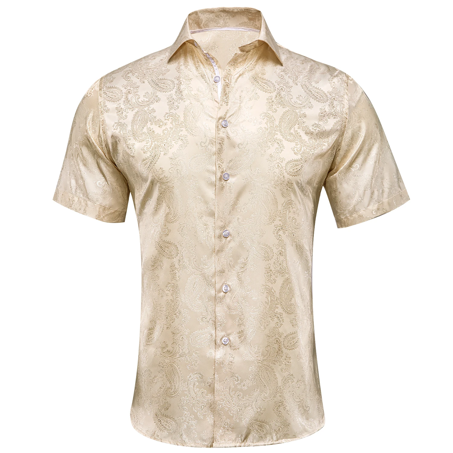 Hi-Tie Brand New Short Sleeve Mens Silk Shirts Jacquard Slim Shirt For Men Summer Luxury Casual Wedding Soft Comfortable Lapel