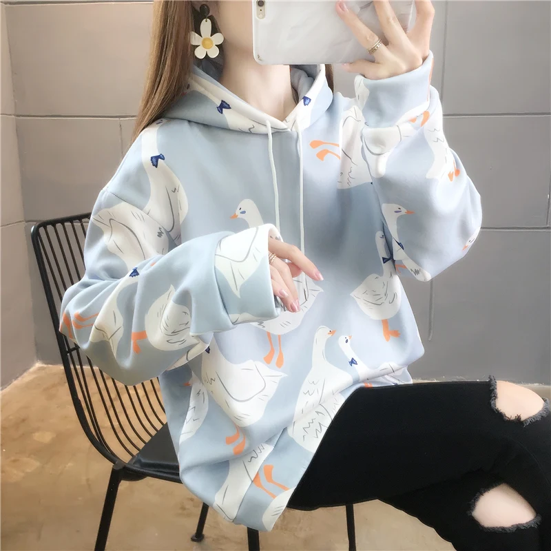 

Winter Harajuku Hoodie Loose Cartoon Duck Full Print Street Pullover Women Casual Student Fashion Sweatshirt Long Sleeved Top