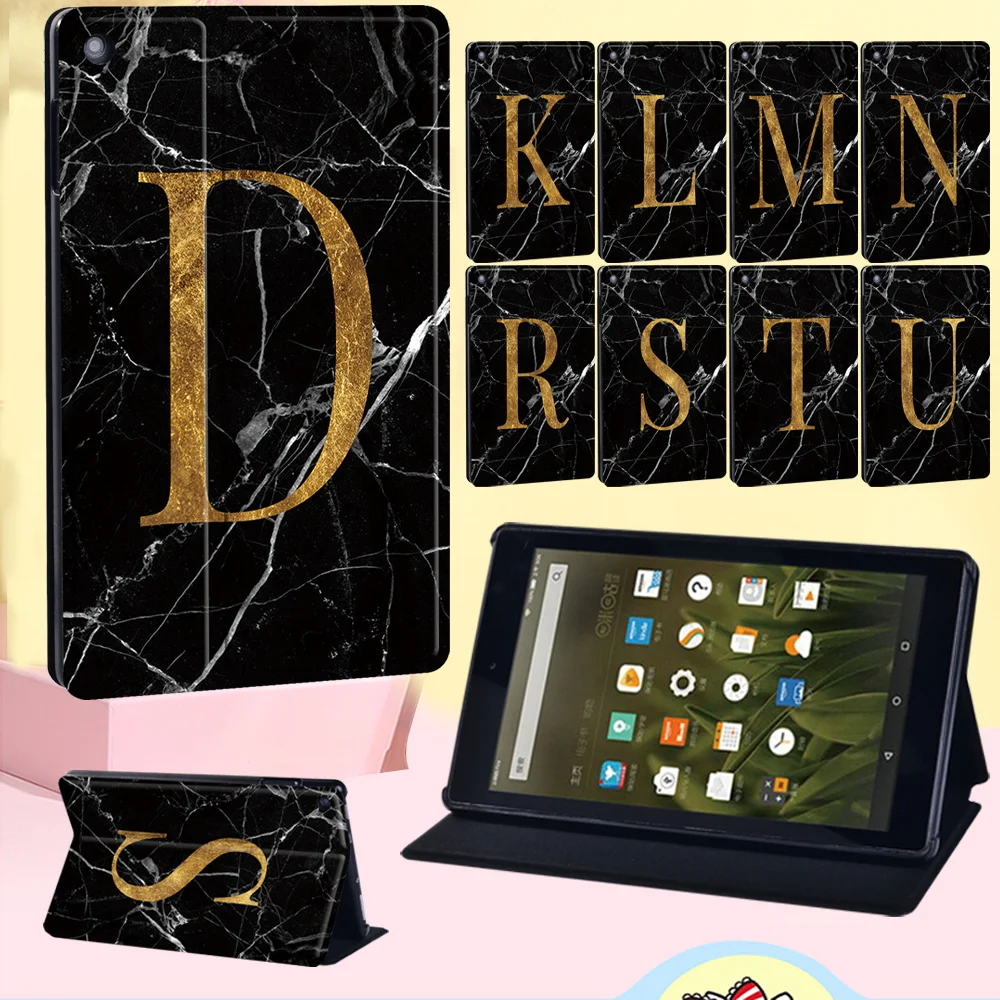 

Tablet Case for Fire 7(5th/7th/9th)/HD 8(2016/2017/2018/2020)/HD 10(5th/7th/9th)/HD 8 Plus Black Marble 26 Letters Flip Cover