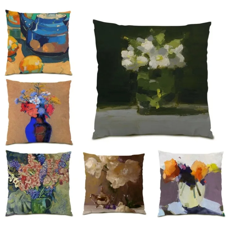 

Oil Painting Polyester Linen Pillowcase Cushion Cover 45x45 Velvet Home Decoration Flower Colorful Sofas Living Room Decor F1082