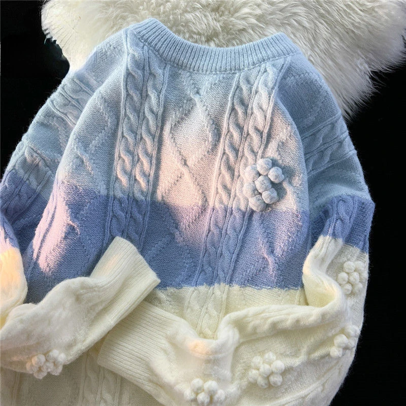 

2022 autumn/winter new contrast-colored Japanese twist round neck sweater lovers loose and versatile languid style knit