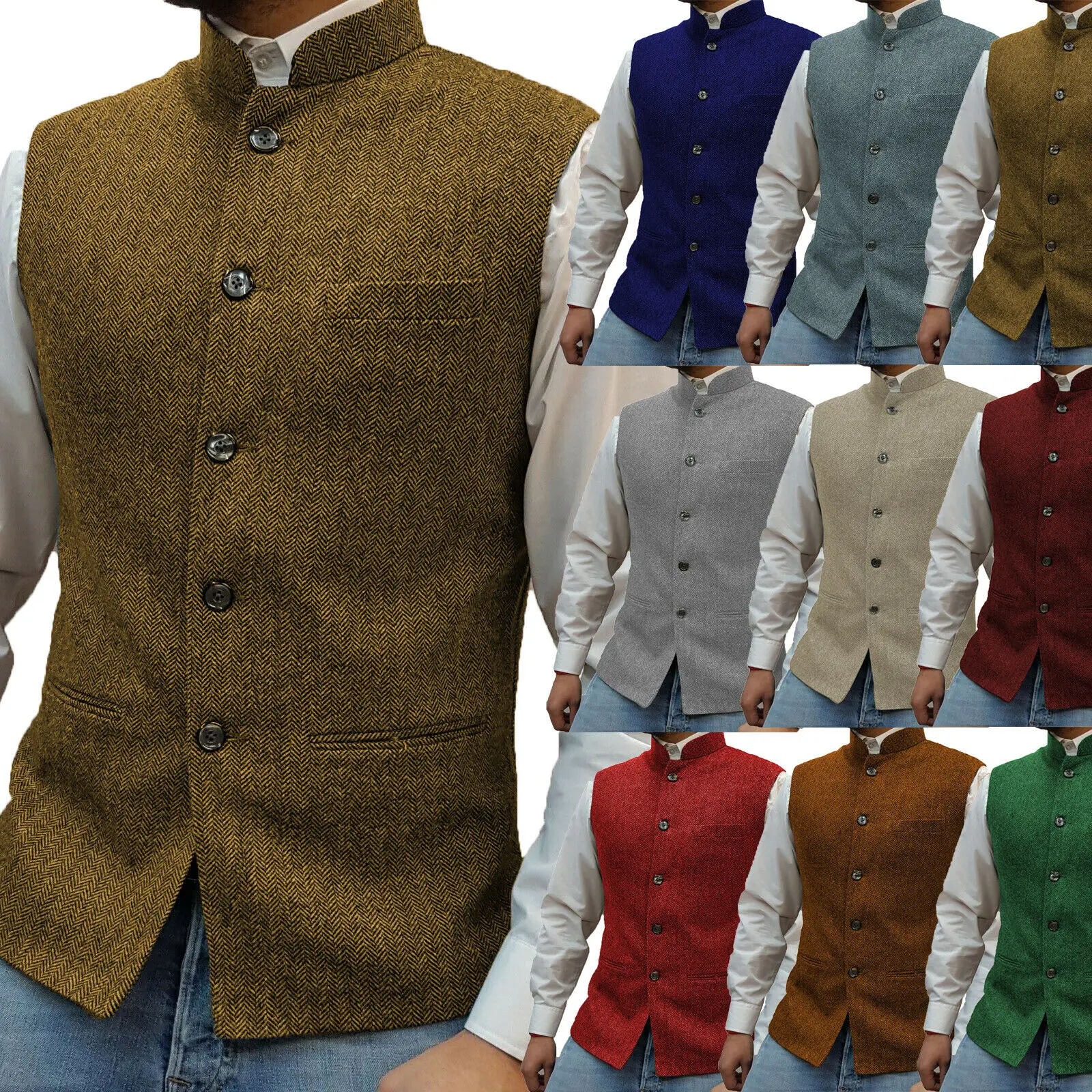 Мужской костюм жилет с воротником-стойкой в елочку стиле стимпанк свадебный для