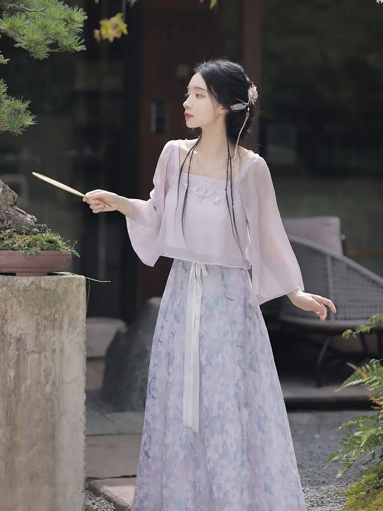 

2023 Chinese improved national style chiffon hanfu element set improved casual daily girl vintage printed hanfu dress set a268