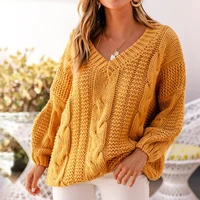 long sleeve v neck solid yellow gray women sweaters 2021 twist sweater winter and autumn pullovers casual knitted jumpers female