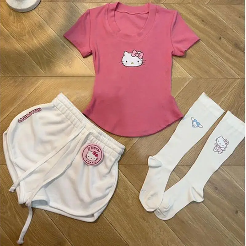 

Kawaii Sanrio, Hello Kitty футболка милые Мультяшные девушки милые стильные хлопковые шорты с координатами женские повседневные штаны праздничный подарок