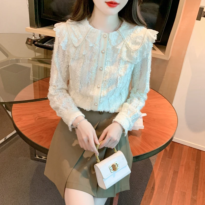 

Осенняя женская рубашка с длинным рукавом и кукольным воротником, простая однотонная женская блузка, Женские Рубашки, Топы A526