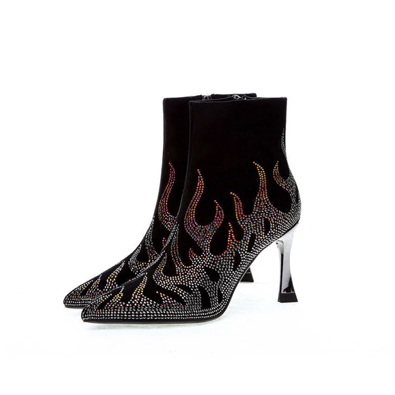 Ladies Luxury Crystal Thin High Heels Ankle Boots Women Sexy Pointed Toe Party Shoes Woman Fashion Back Zipper Short Boots Lady