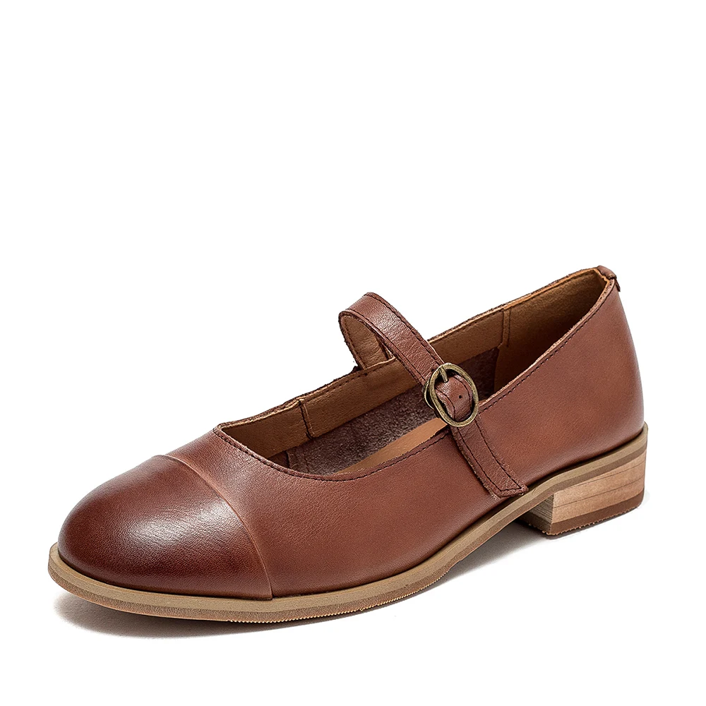 

New Spring Round Toe Flat Genuine Leather Women's Shoes Brown Fashion Lolita Style Simple Leather Loafers Ladies Leather Shoes