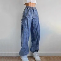 hot girl y2k jeans elastic high waist button fly pocket denim pants streetwear harem sweatpants baggy basic cargo pants women