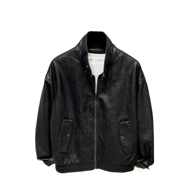 2024 осеннее мужское свободное пальто из искусственной кожи с воротником-стойкой