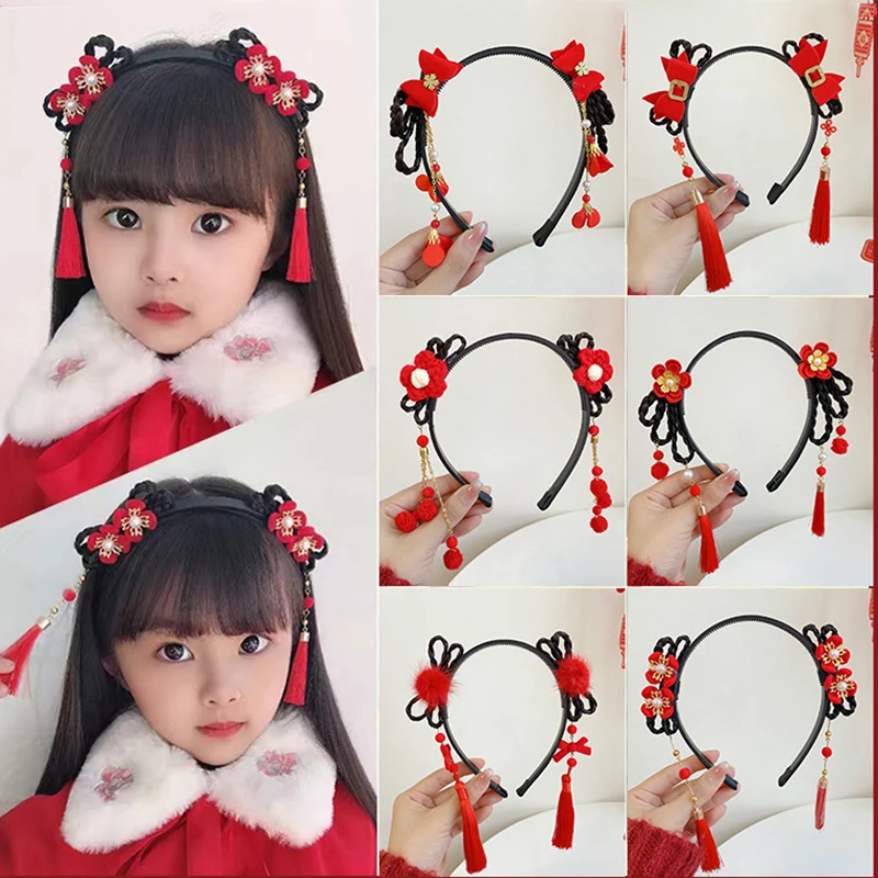 

Chinese Style Hanfu Headband Flower Tassel Braids Hair Hoop New Year Hair Accessories Chinese Princess Hairband Kids Head Hoop