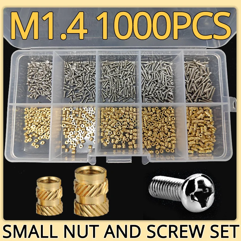 

M1.4 M1.6 M2 M2.5 Brass Insert Nut and 304 Stainless Steel Screw Set Double Twill Heat Hot Melt Knurl Embed Copper Nut Bolt Kit