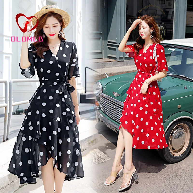 

Женское облегающее платье в горошек, элегантное винтавечерние ное праздничное платье средней длины с V-образным вырезом и высокой талией, л...