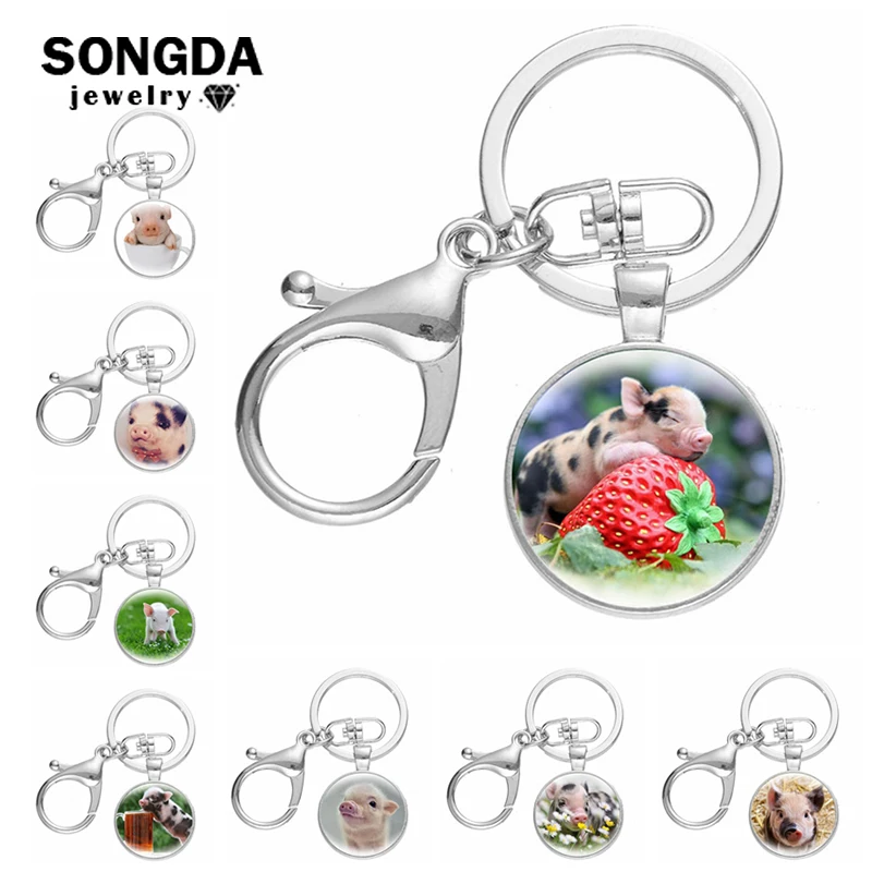 

Kawaii Pet Pig Lovely Piggy Keychain Funny Pigs Art Photo Glass Cabochon Bag Pendant Key Ring Men Women Lobster Buckle Key Chain