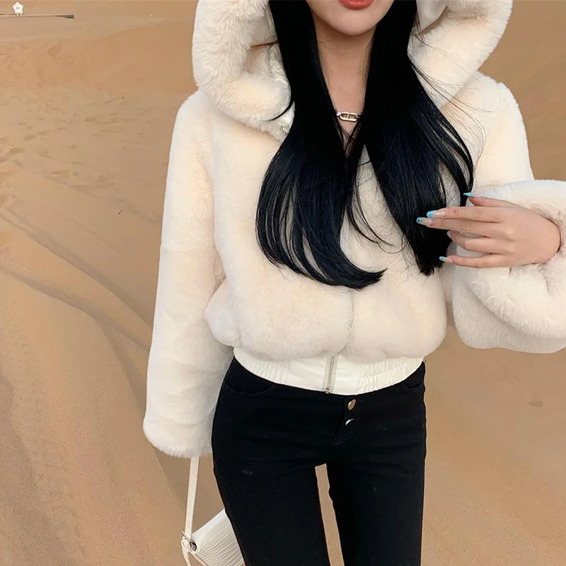 Stylish Plush Faux Fur Coat For Women Winter 2022 New Thick Design Sense Matching Short Hooded Pure Color Warm Coats Female