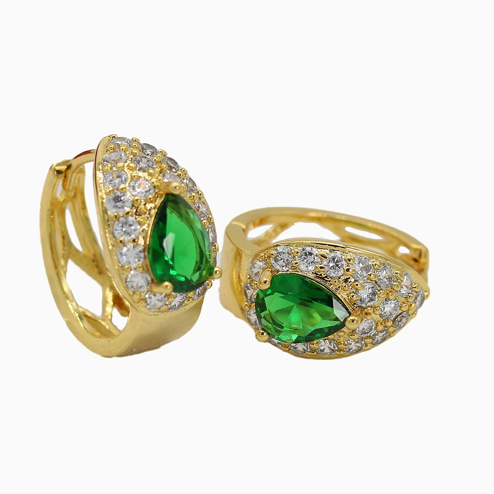 

Teardrop Luxury Green Crystal Women Hoop Earrings Classic 18K Yellow Gold Filled Vintage Pretty Gift for Lady Girl