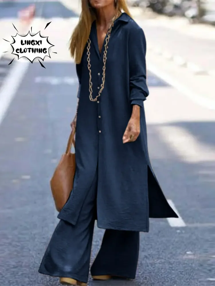 Элегантный длинный женский комплект с платьем на шнуровке и широкими брюками в